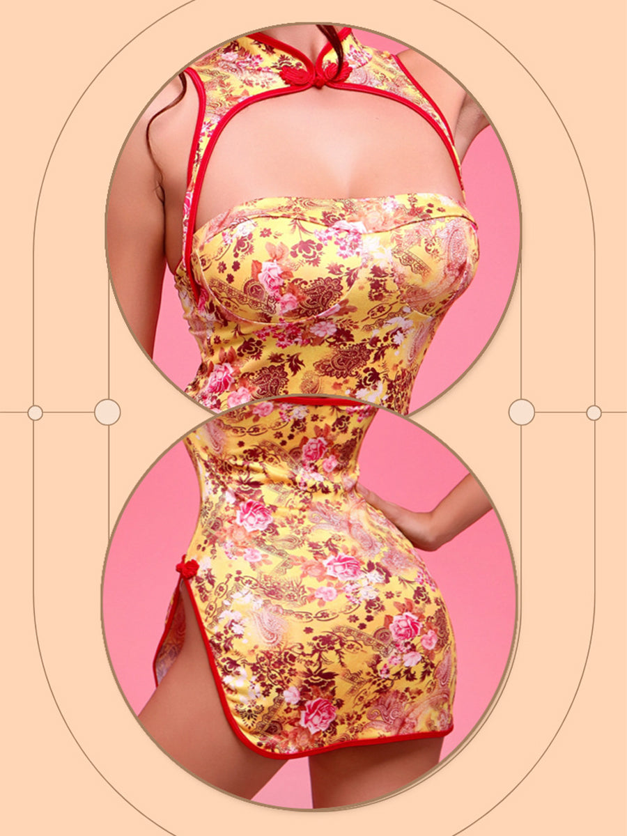 Elegant Modern Cheongsam Dress Floral Print Qipao Inspired Dress Keyhole Cutout High Slit Lingerie