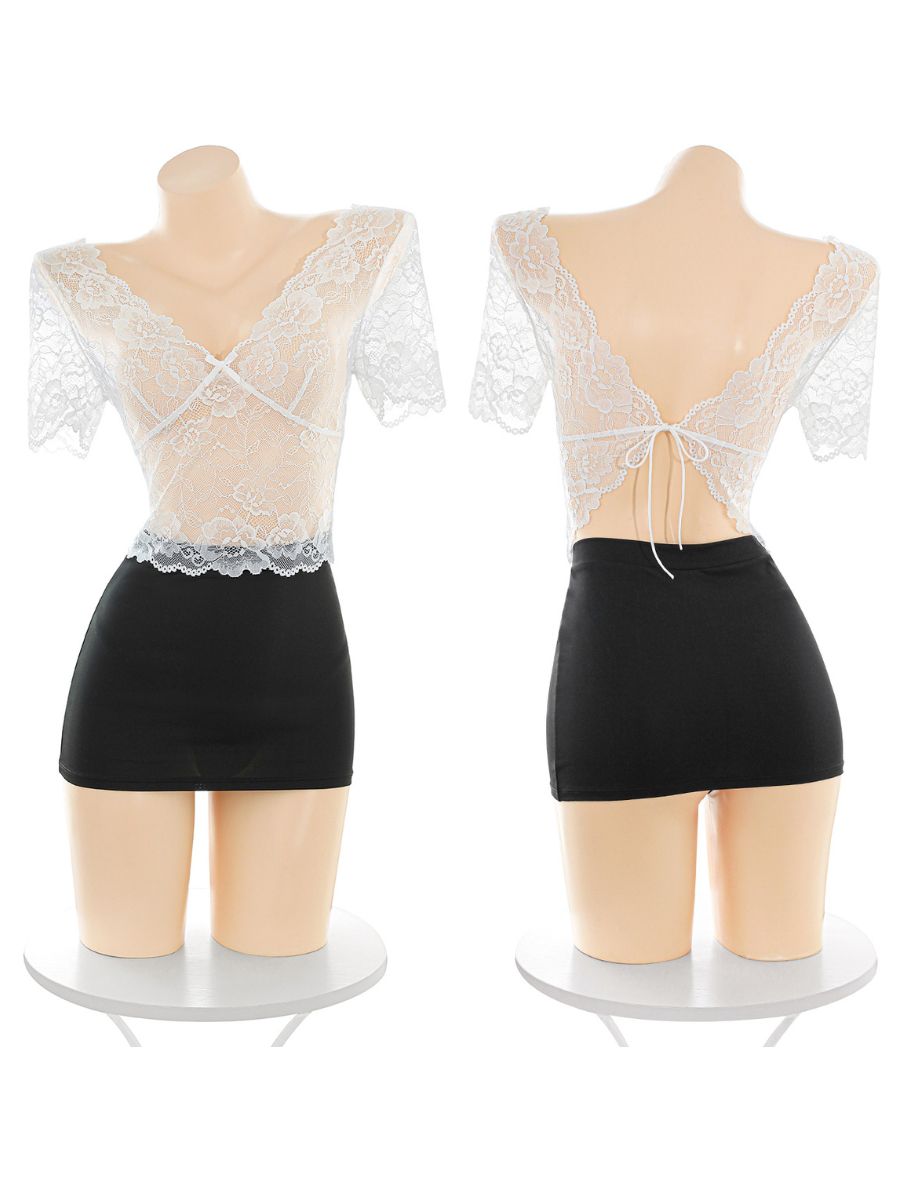 Exotic Office Roleplay Costume Open Back V-Neck Lace Blouse with Tight Pencil Skirt