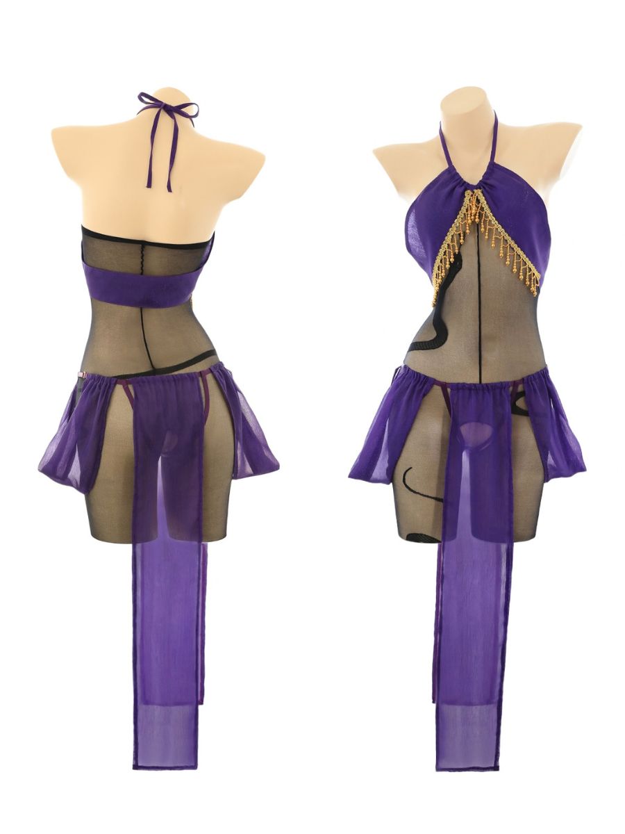 Exotic Purple Dancer Costume Set Chinese Golden Fringe Halter Top and Skirt with Mesh Bodystocking