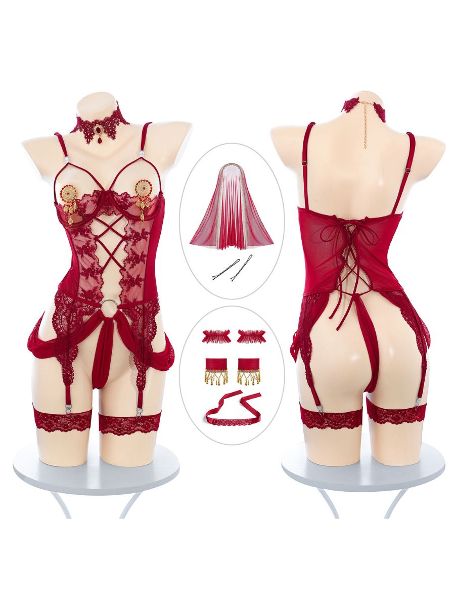 Exotic Chinese Style Bodysuit Lingerie Red Lace Dancer Boudoir Cosplay Kit