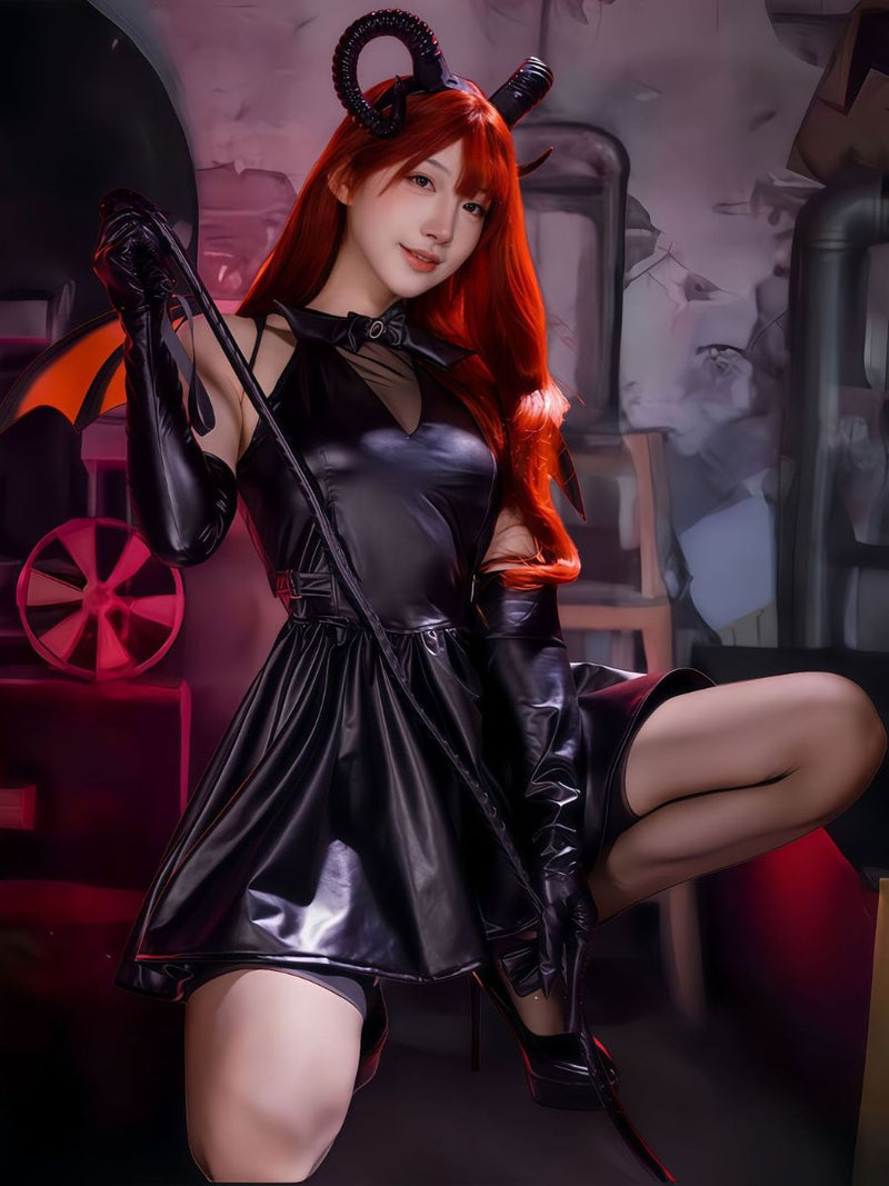Gothic Succubus Cosplay Costume Wet Look Faux Leather Mini Dress with Horns and Bat Wings