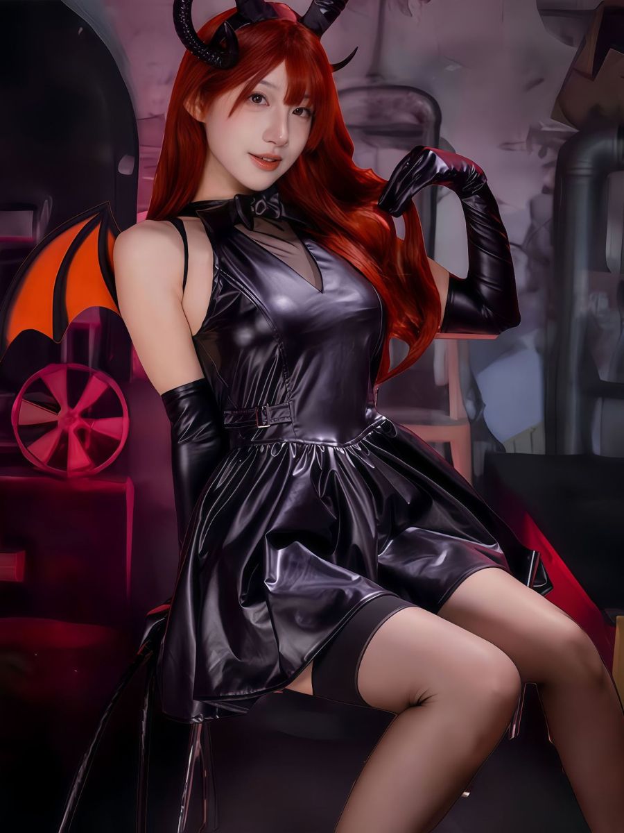 Gothic Succubus Cosplay Costume Wet Look Faux Leather Mini Dress with Horns and Bat Wings