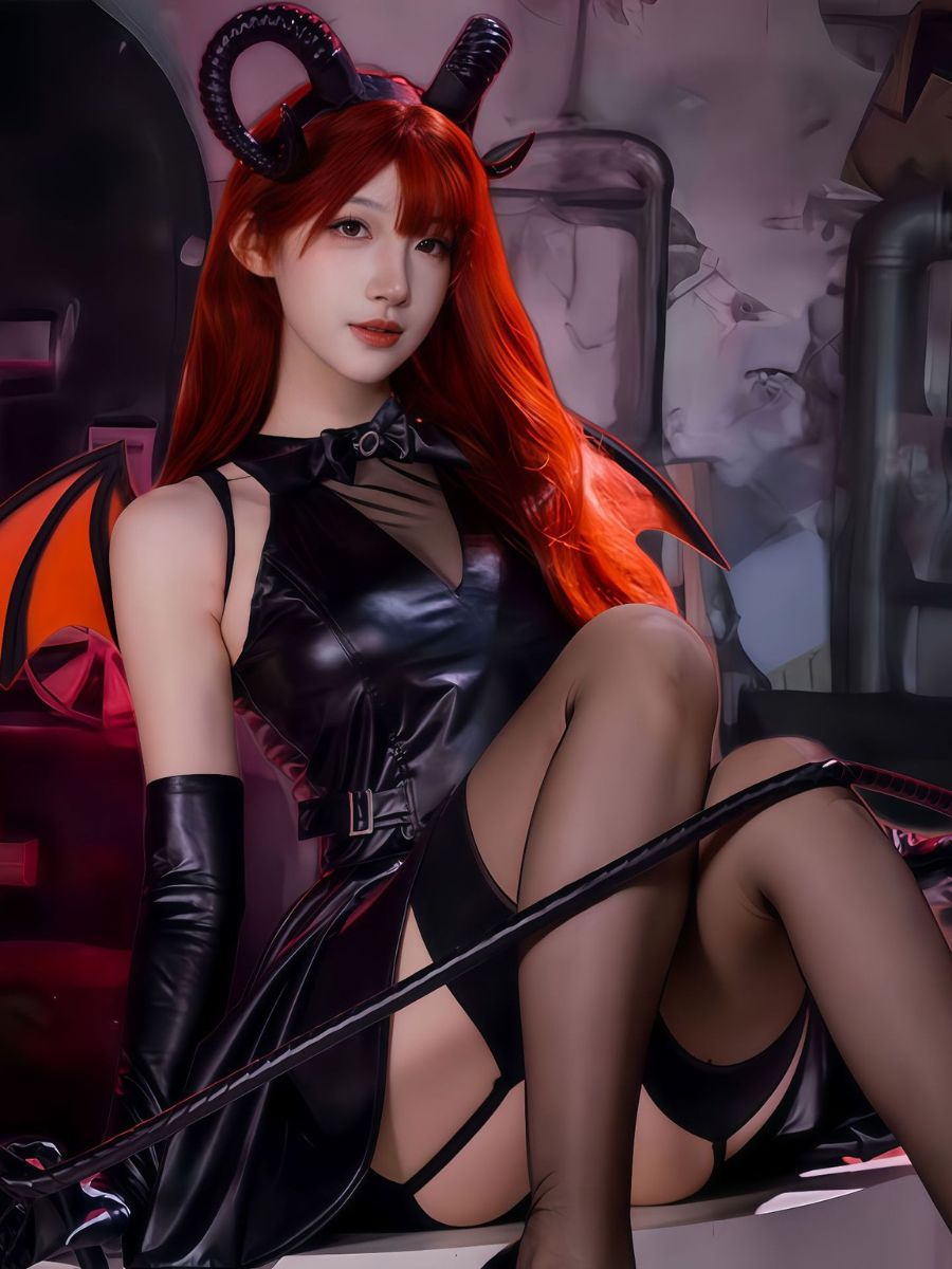 Gothic Succubus Cosplay Costume Wet Look Faux Leather Mini Dress with Horns and Bat Wings