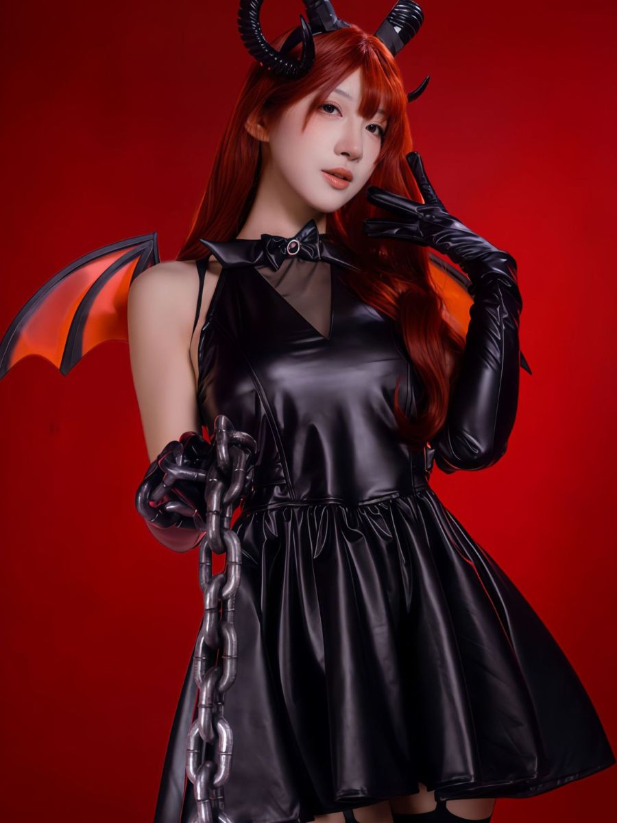 Gothic Succubus Cosplay Costume Wet Look Faux Leather Mini Dress with Horns and Bat Wings