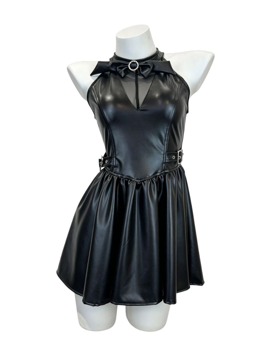Gothic Succubus Cosplay Costume Wet Look Faux Leather Mini Dress with Horns and Bat Wings