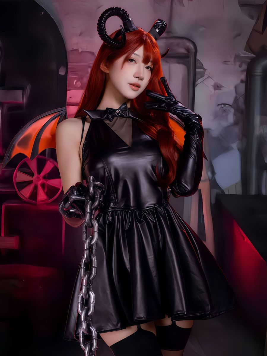 Gothic Succubus Cosplay Costume Wet Look Faux Leather Mini Dress with Horns and Bat Wings