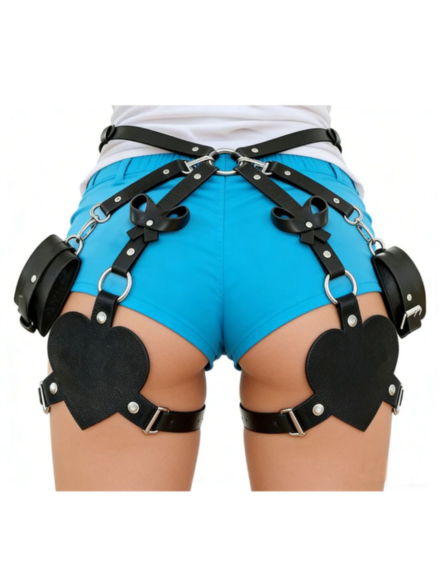 Faux Leather Heart Body Harness with Handcuffs