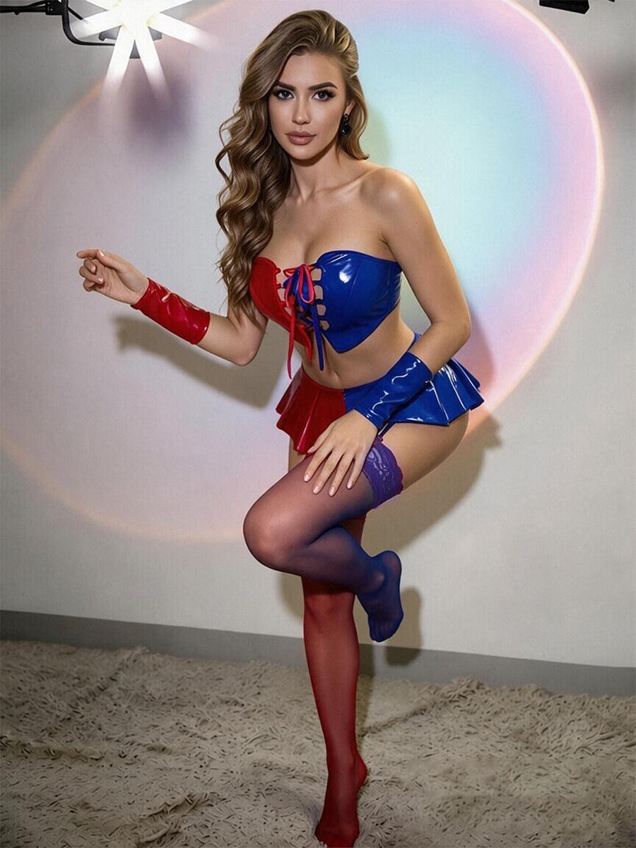 Faux Leather Harlequin Cosplay Costume Red and Blue Jester Strapless Two-Piece Outfit