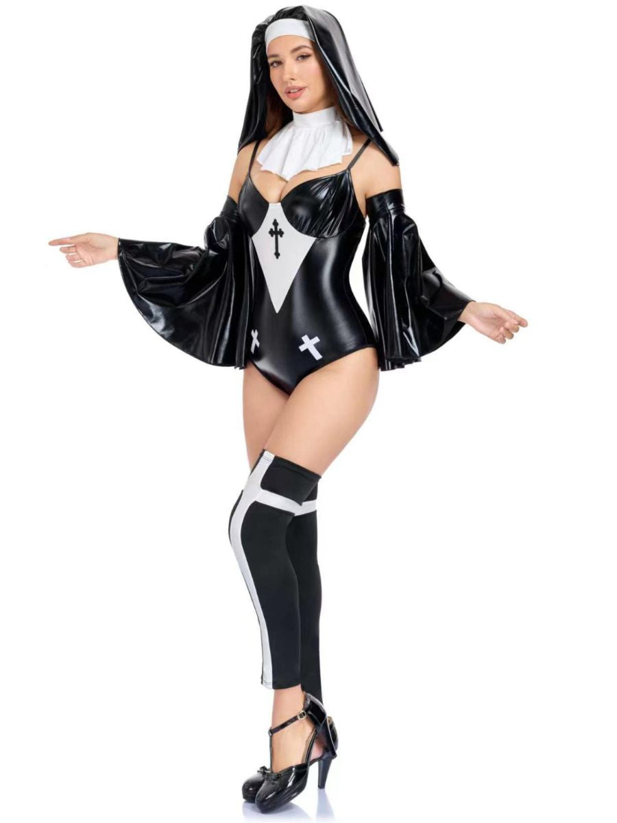 Faux Leather Nun Costume Wet Look Habit Nun Cosplay Bodysuit with Flare Sleeves Veil and Stockings