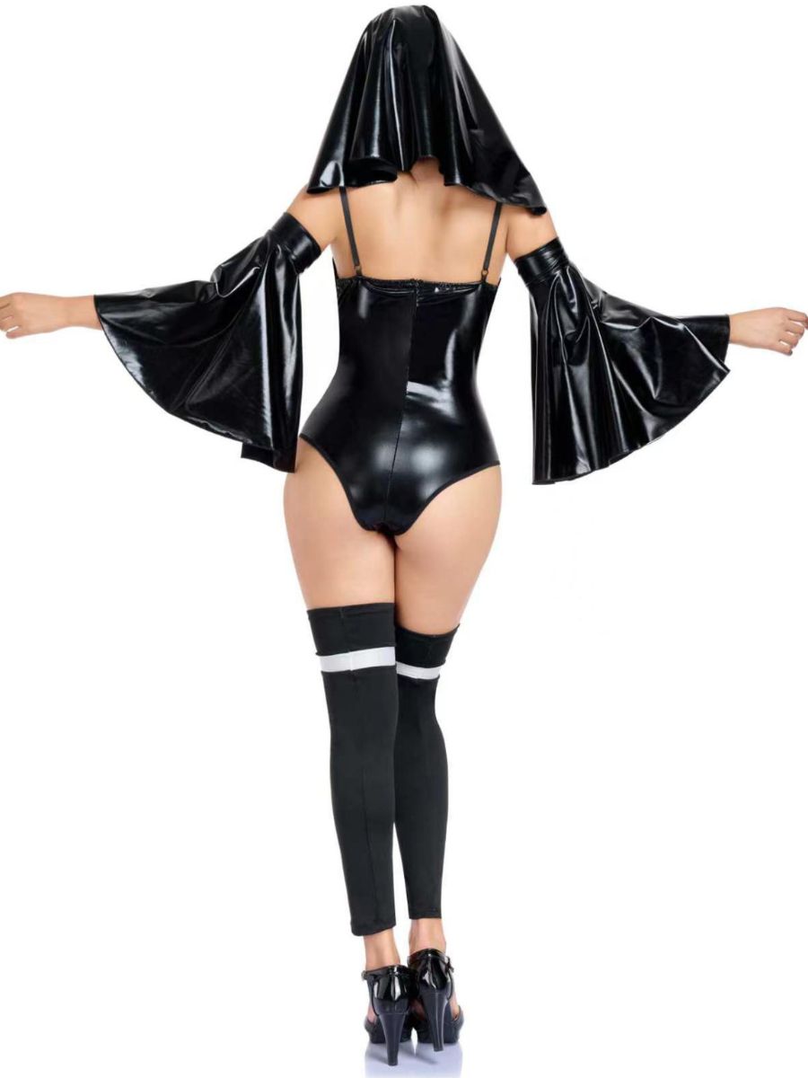 Faux Leather Nun Costume Wet Look Habit Nun Cosplay Bodysuit with Flare Sleeves Veil and Stockings