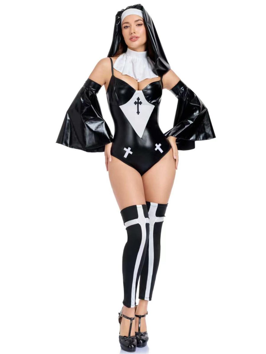 Faux Leather Nun Costume Wet Look Habit Nun Cosplay Bodysuit with Flare Sleeves Veil and Stockings