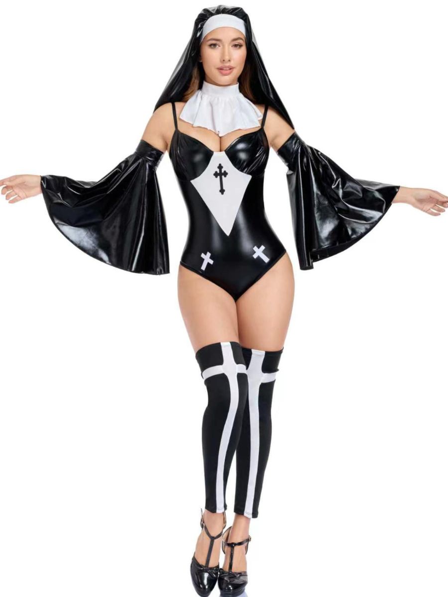 Faux Leather Nun Costume Wet Look Habit Nun Cosplay Bodysuit with Flare Sleeves Veil and Stockings