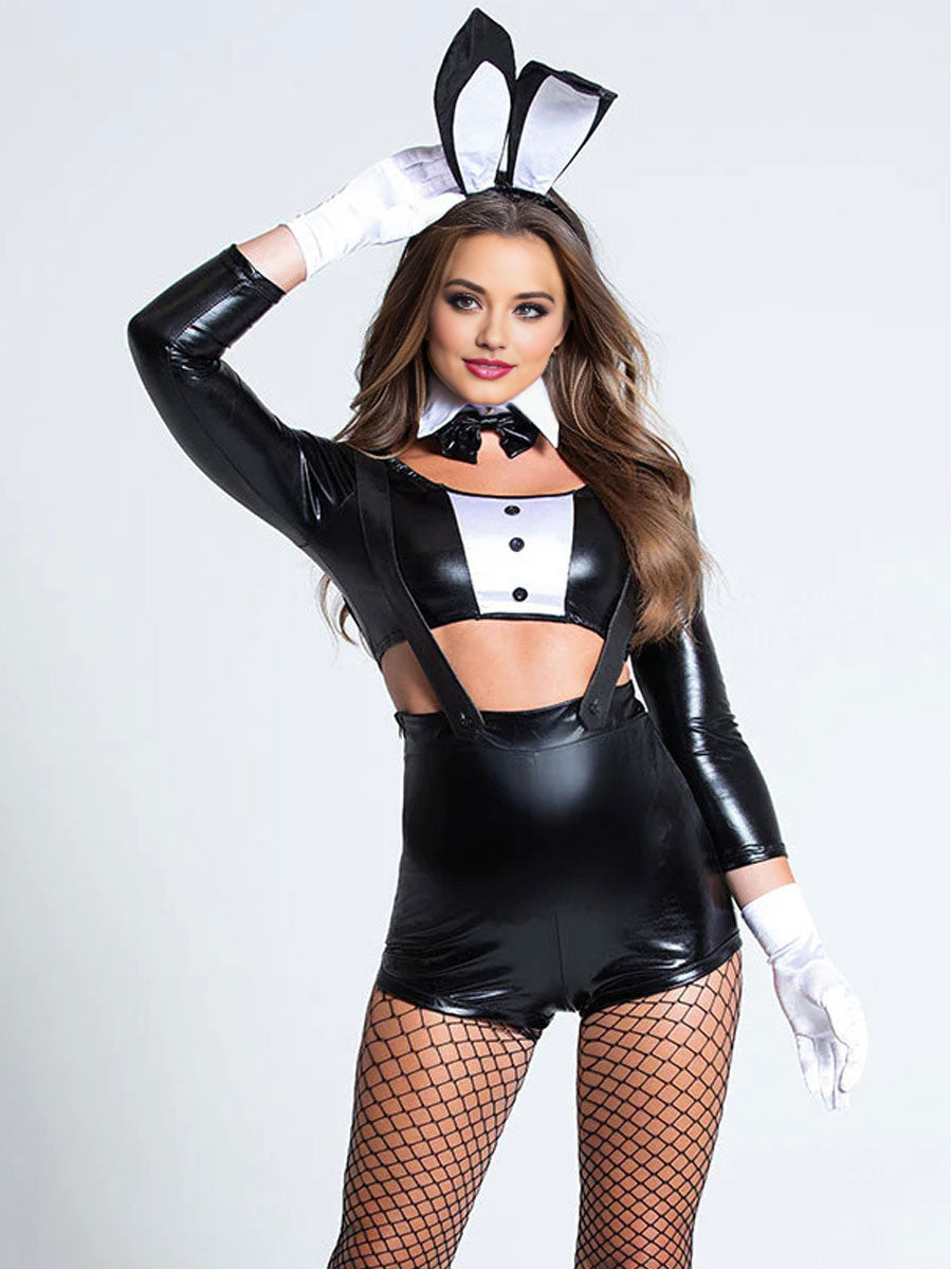 Wet Look Bunny Costume Faux Leather Playboy Inspired Crop Top and Suspenders Shorts