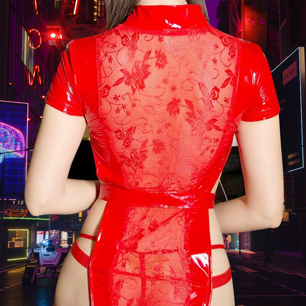 Feisty Nurse Cosplay Costume Cyberpunk PU Leather Dress Outfit Latex Rave Outfits