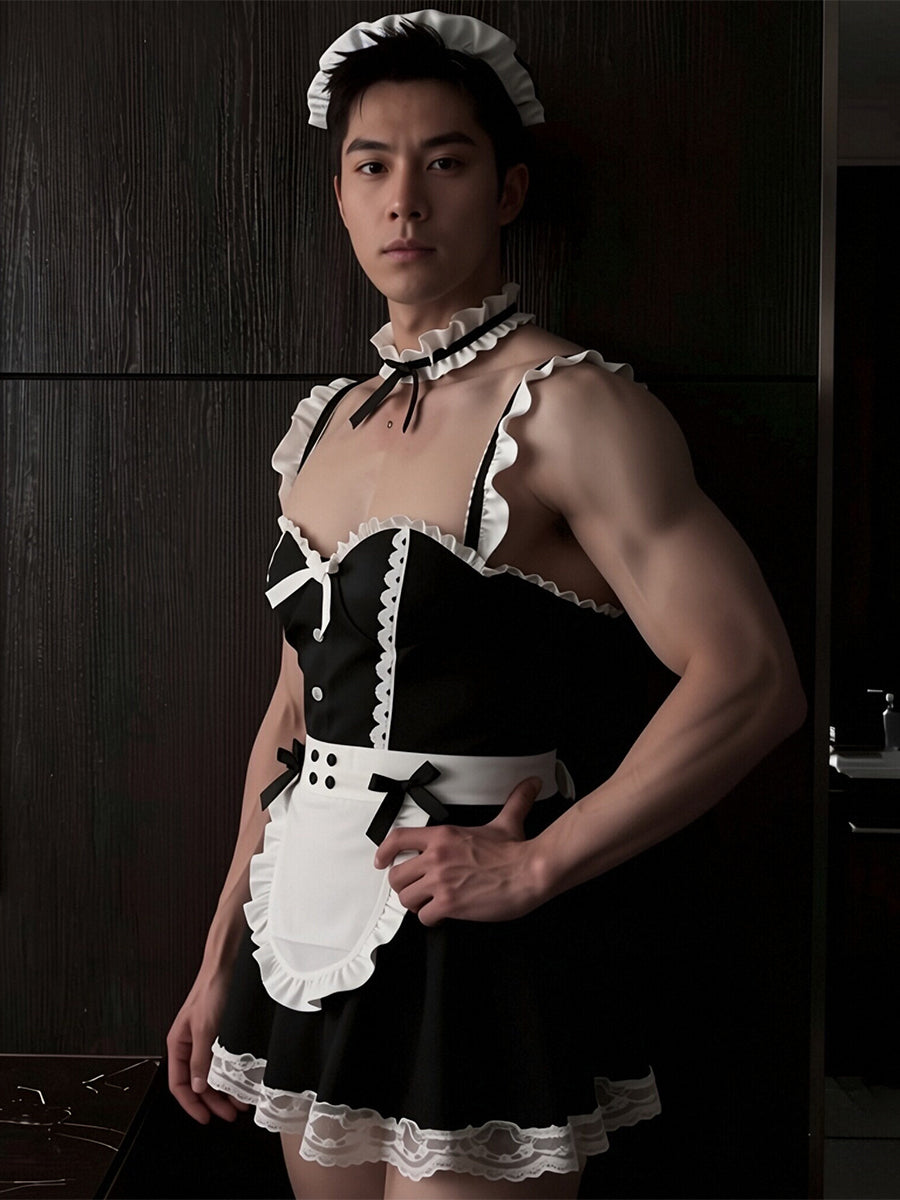 Femboy French Maid Cosplay Costume Set Lace Trimmed Mini Dress with Apron