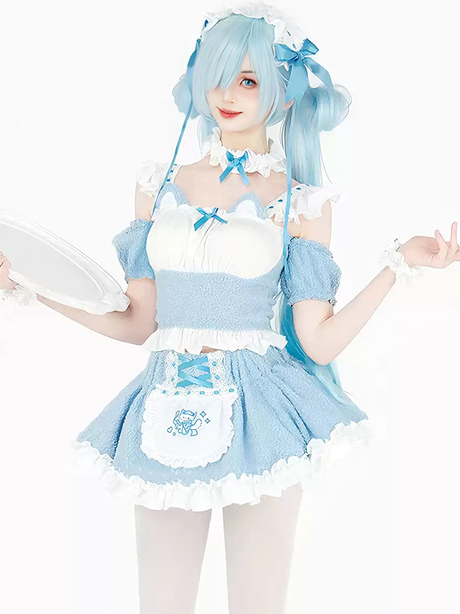 Kawaii Cat Maid Cosplay Costume Fleece Light Blue Lolita Top and Mini Skirt 
