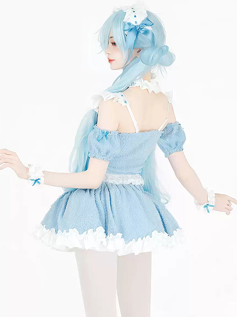 Kawaii Cat Maid Cosplay Costume Fleece Light Blue Lolita Top and Mini Skirt 