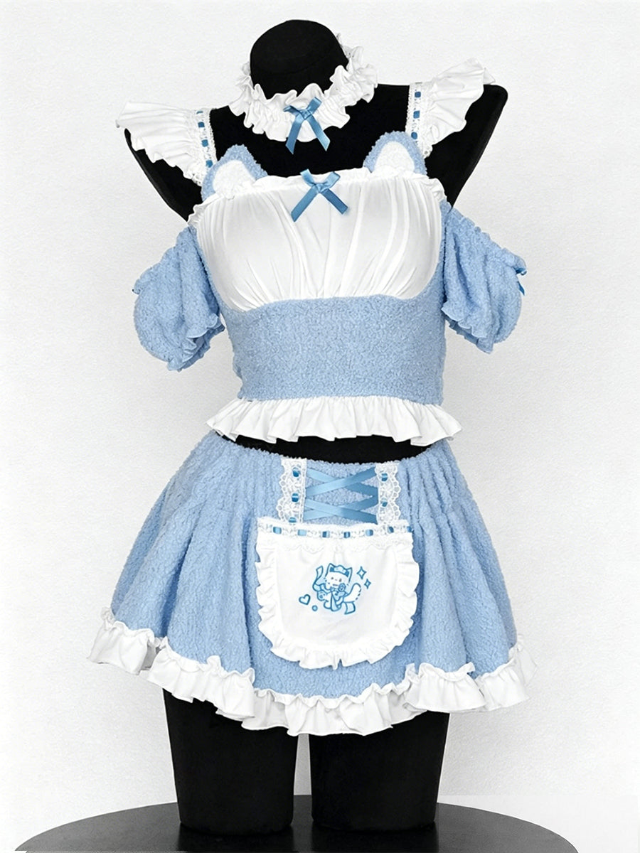 Kawaii Cat Maid Cosplay Costume Fleece Light Blue Lolita Top and Mini Skirt 
