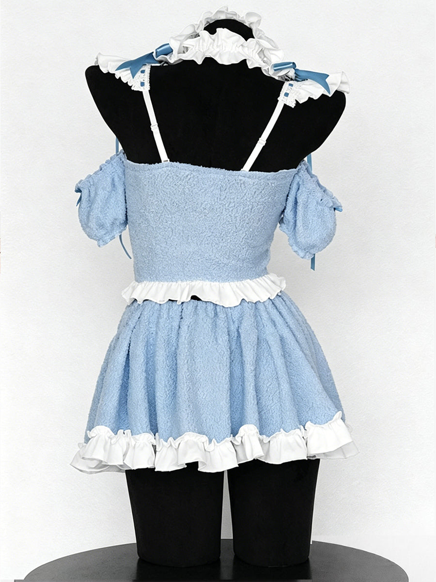 Kawaii Cat Maid Cosplay Costume Fleece Light Blue Lolita Top and Mini Skirt 
