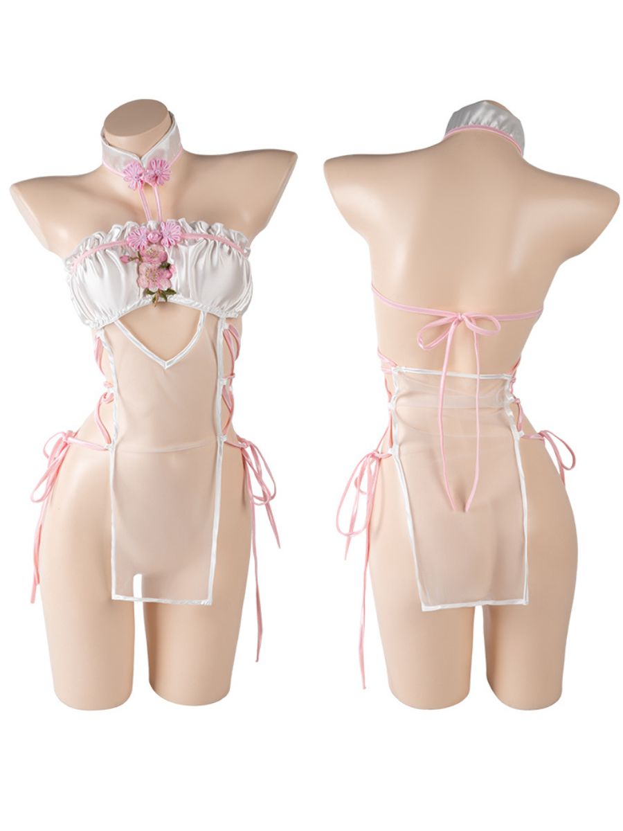 Floral Applique Cheongsam White Mesh Lace Up Qipao Lingerie Set High Slit Backless Babydoll Dress