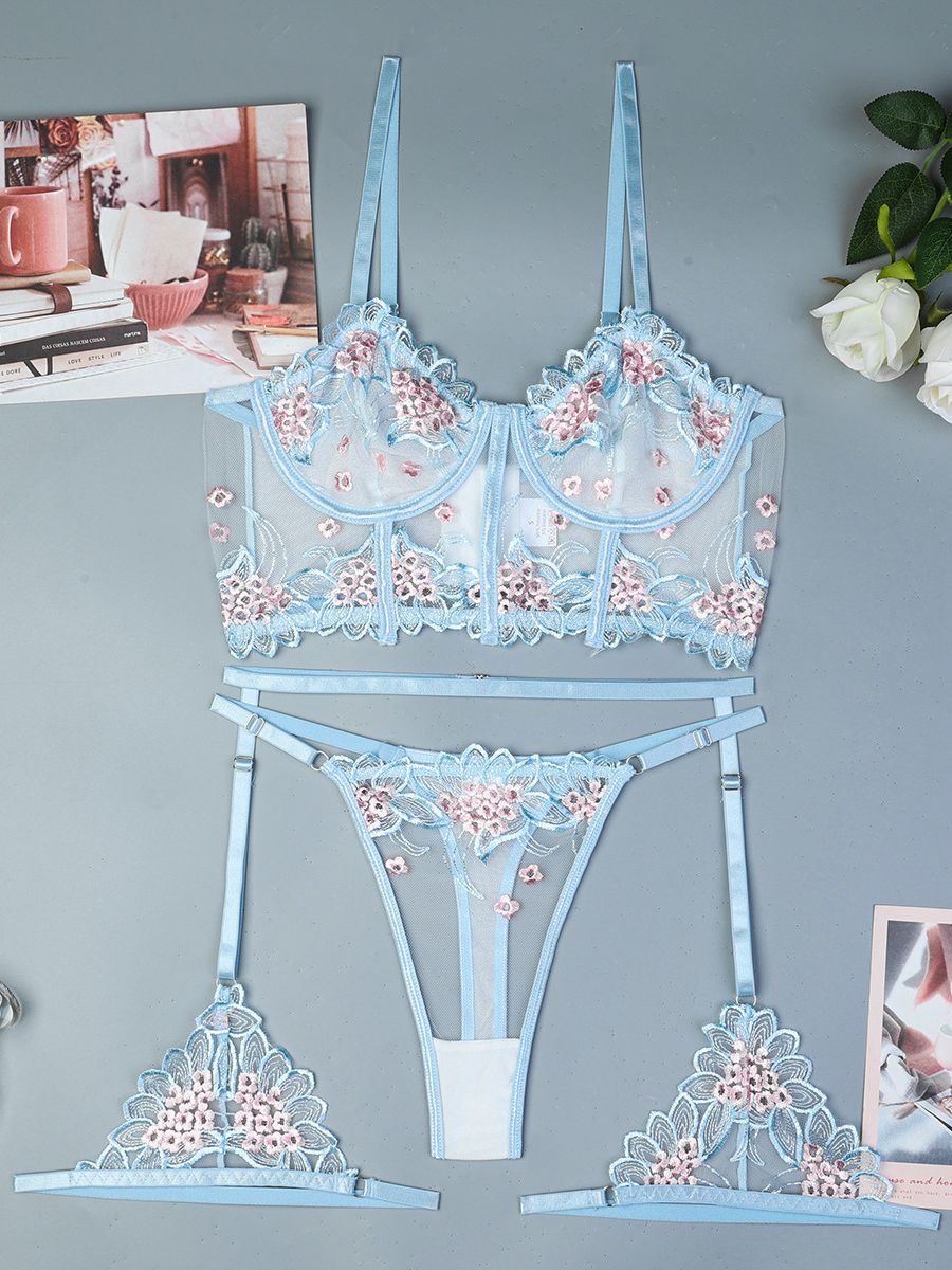 Floral Embroidery Lace Lingerie Set Blue Underwire Longline Bra Garter Belt and Thong