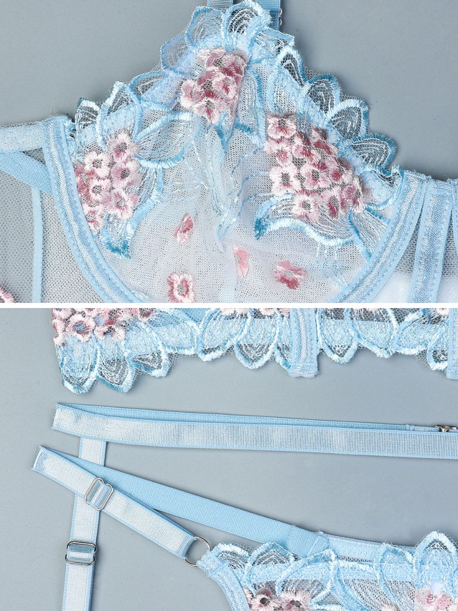 Floral Embroidery Lace Lingerie Set Blue Underwire Longline Bra Garter Belt and Thong