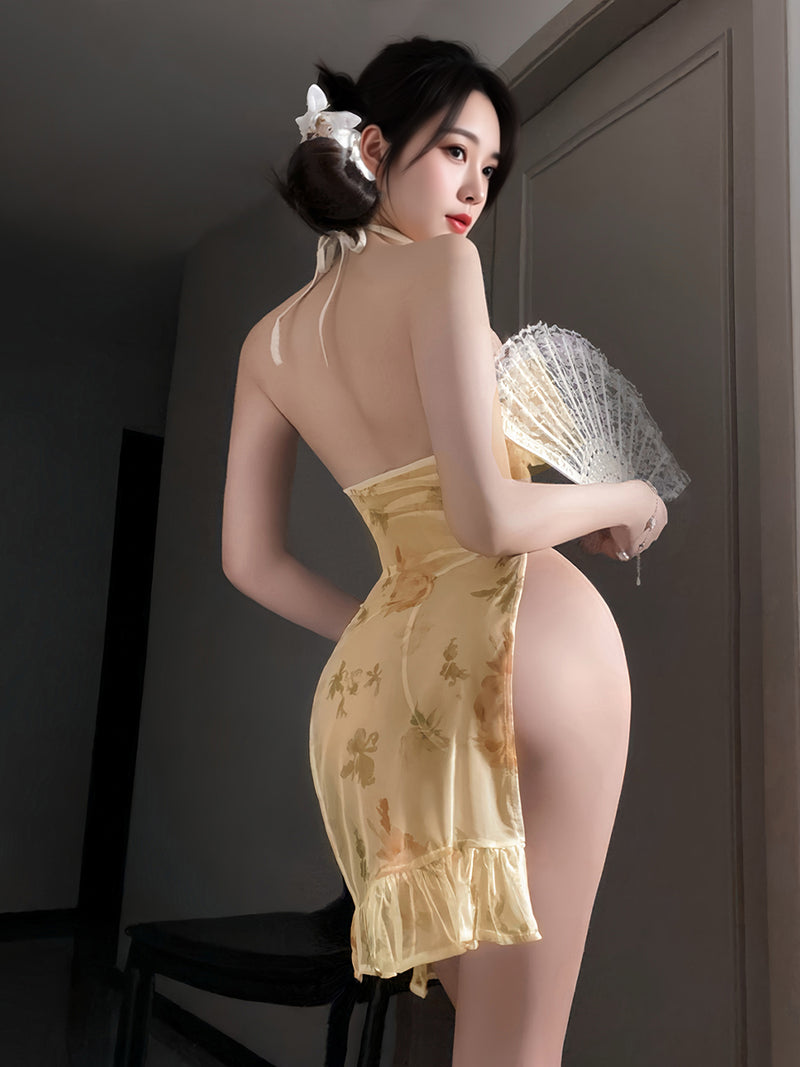 Chinese Floral Print Lingerie Dress Vintage Keyhole High Split Cheongsam Babydoll Dress