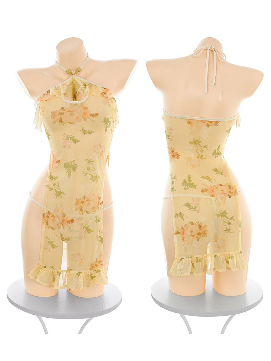 Chinese Floral Print Lingerie Dress Vintage Keyhole High Split Cheongsam Babydoll Dress