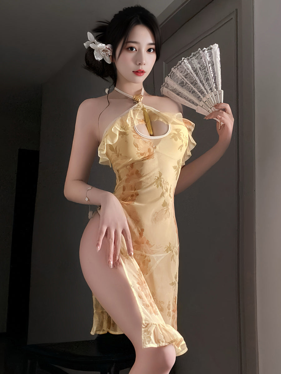 Chinese Floral Print Lingerie Dress Vintage Keyhole High Split Cheongsam Babydoll Dress