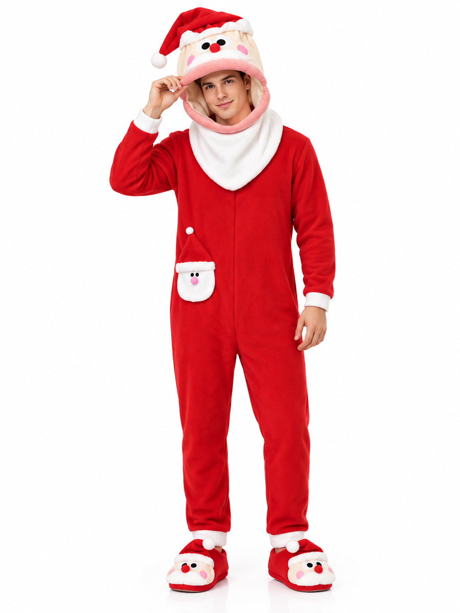 Unisex Christmas Furry Onesie Pajamas Big Mouth Puppet Fleece Hooded Jumpsuit