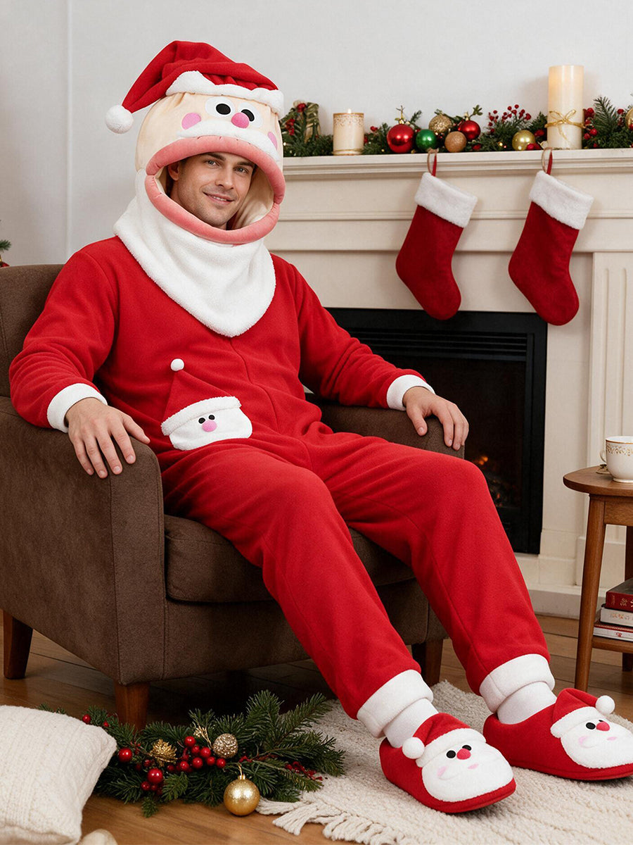 Unisex Christmas Furry Onesie Pajamas Big Mouth Puppet Fleece Hooded Jumpsuit