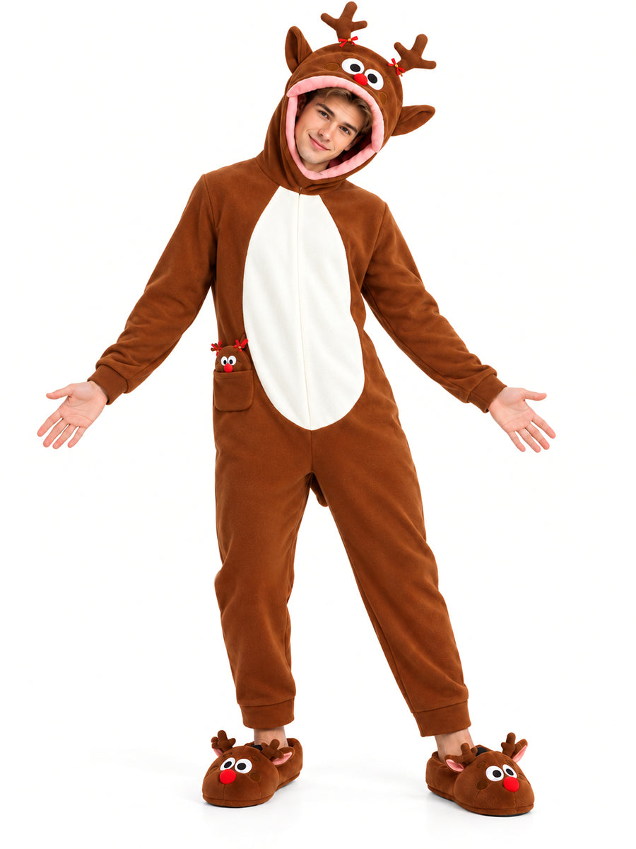 Unisex Christmas Furry Onesie Pajamas Big Mouth Puppet Fleece Hooded Jumpsuit