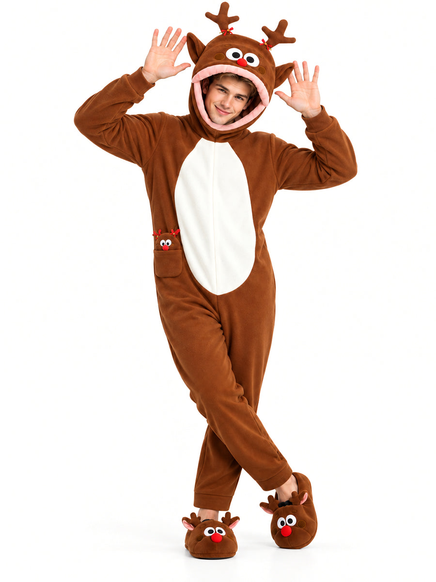 Unisex Christmas Furry Onesie Pajamas Big Mouth Puppet Fleece Hooded Jumpsuit