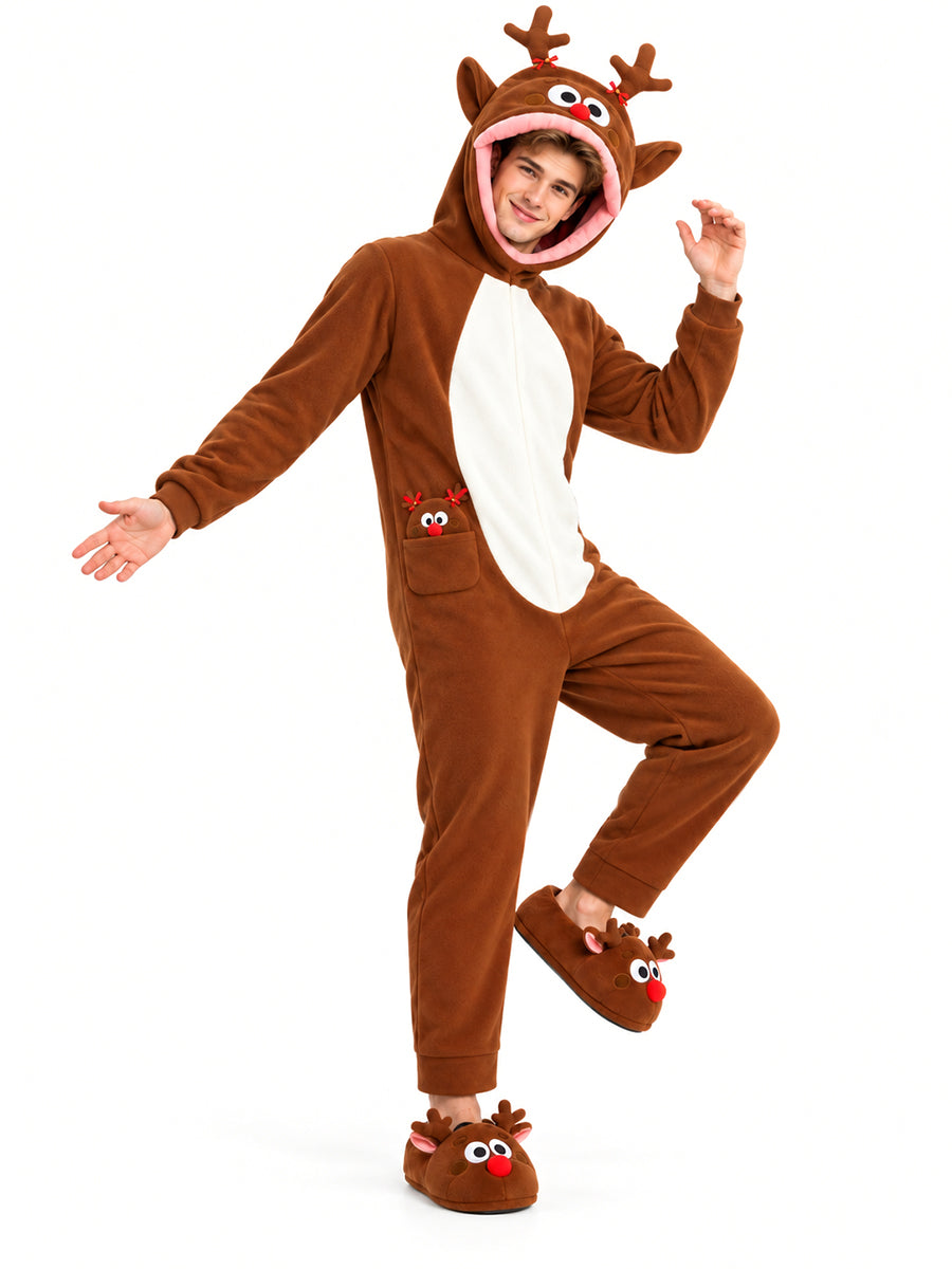 Unisex Christmas Furry Onesie Pajamas Big Mouth Puppet Fleece Hooded Jumpsuit