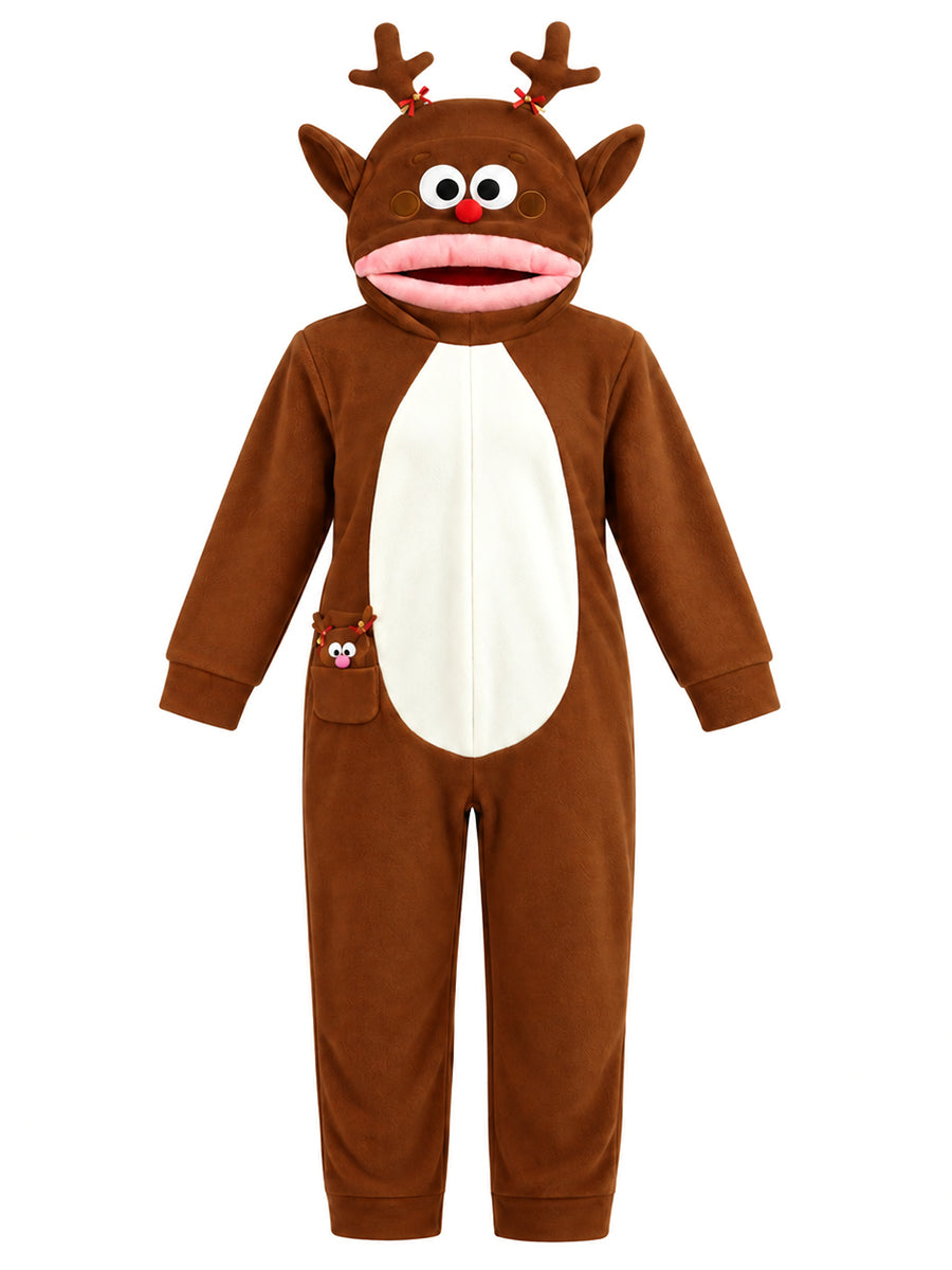 Unisex Christmas Furry Onesie Pajamas Big Mouth Puppet Fleece Hooded Jumpsuit