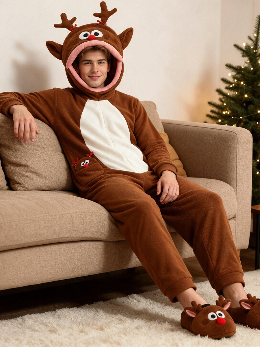 Unisex Christmas Furry Onesie Pajamas Big Mouth Puppet Fleece Hooded Jumpsuit