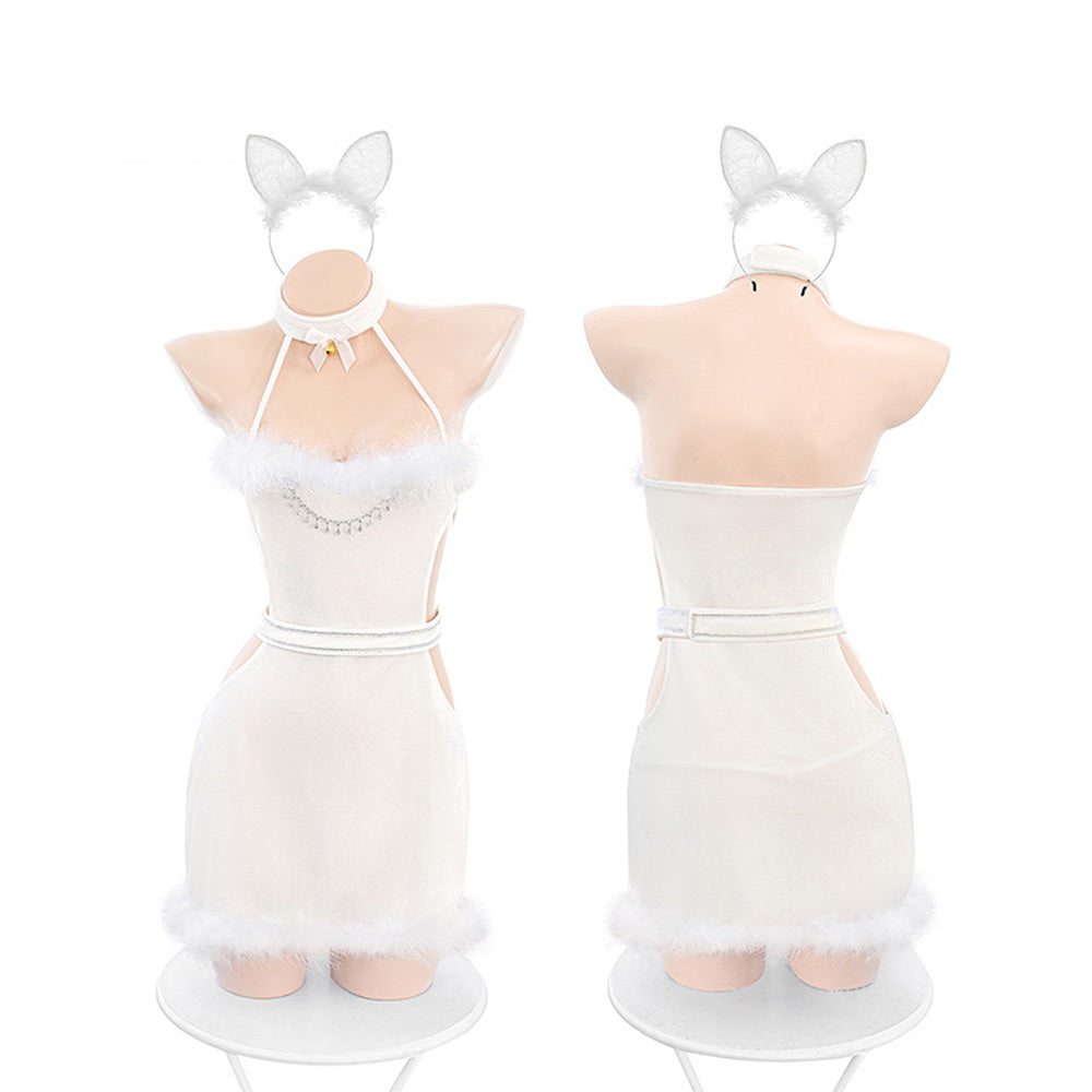 Furry Bunny Costume White Christmas Lingerie Dress Sexy Halter Backless Xmas Outfit