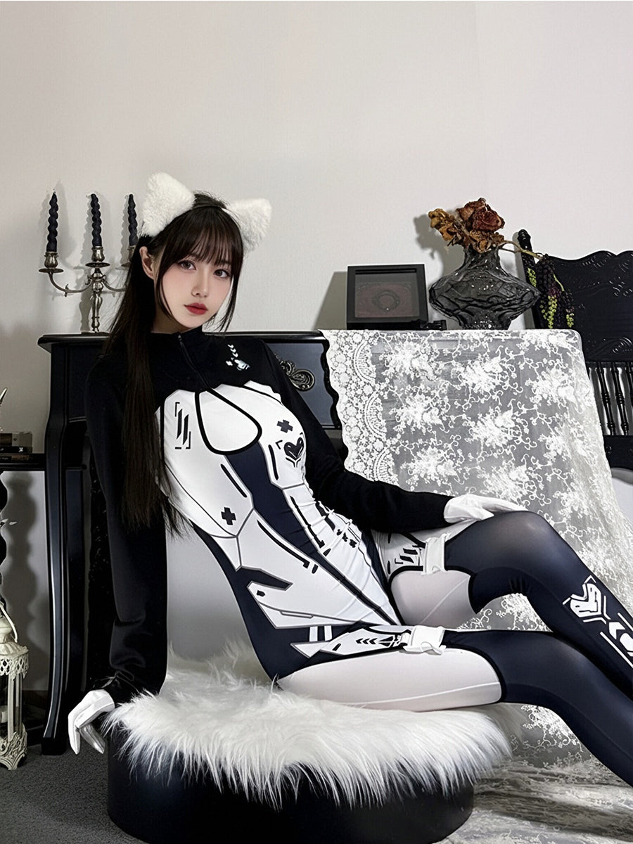 Cyberpunk Cosplay Costume Sci-Fi Techwear Bodysuit with Shrug and Stocking