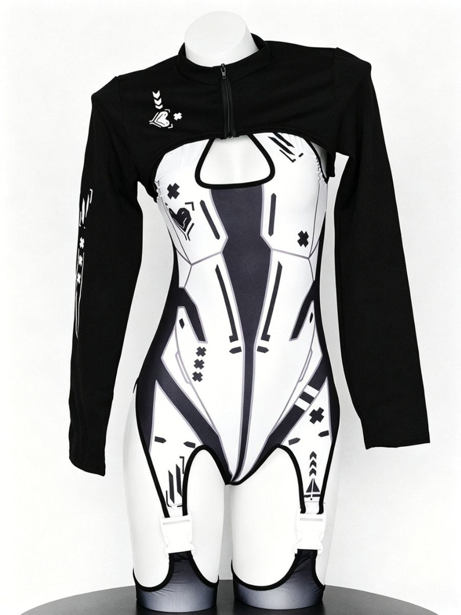 Cyberpunk Cosplay Costume Sci-Fi Techwear Bodysuit with Shrug and Stocking