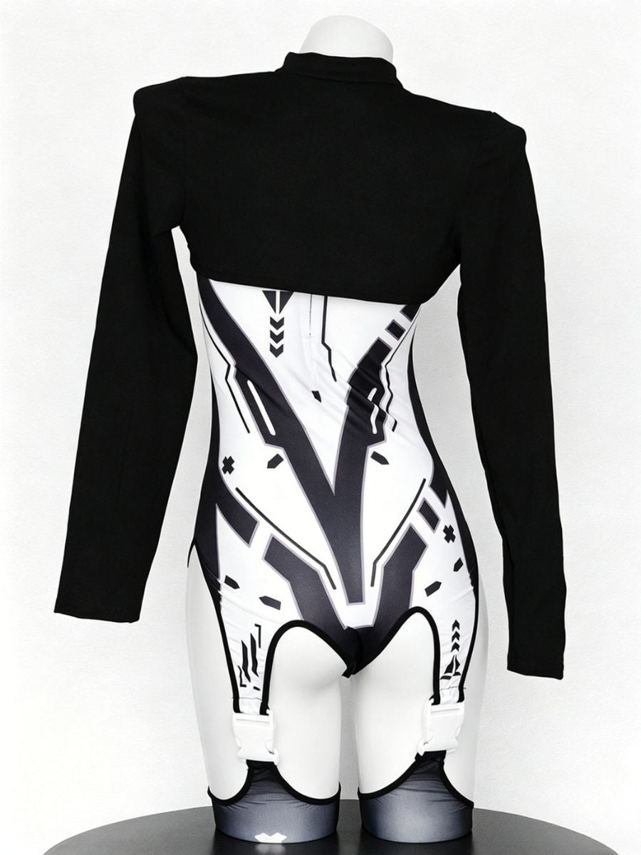 Cyberpunk Cosplay Costume Sci-Fi Techwear Bodysuit with Shrug and Stocking