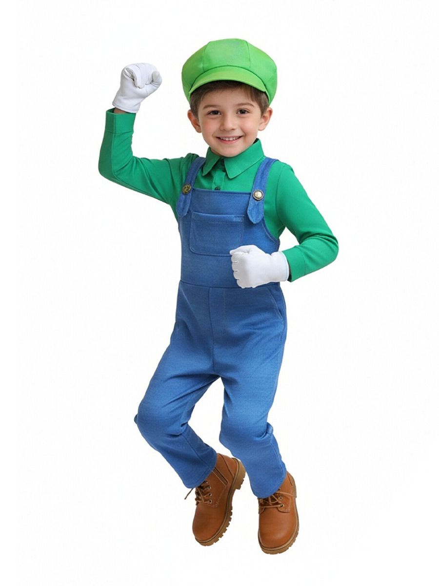 Kids Mario and Luigi Costume Super Mario Green Plumber Cosplay Outfit