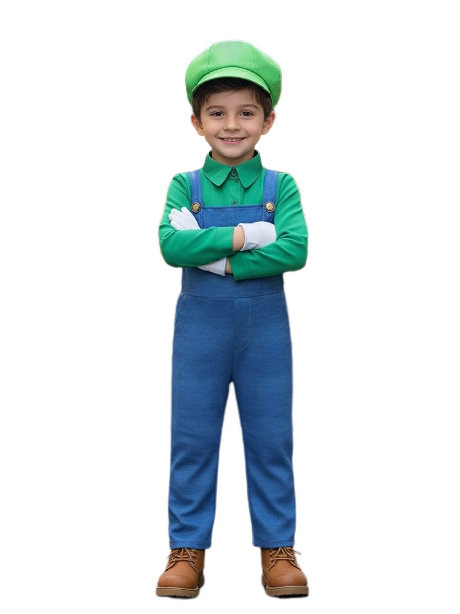 Kids Mario and Luigi Costume Super Mario Green Plumber Cosplay Outfit