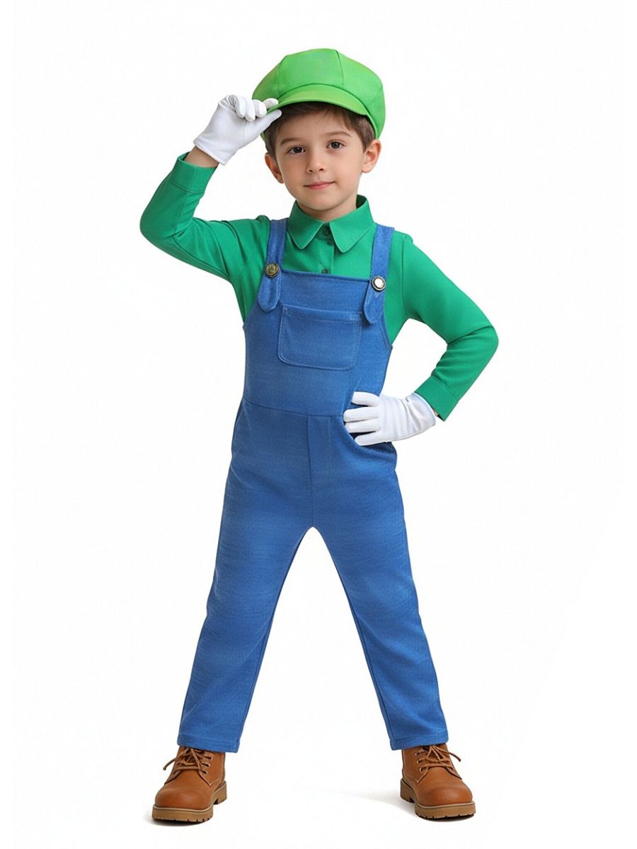 Kids Mario and Luigi Costume Super Mario Green Plumber Cosplay Outfit