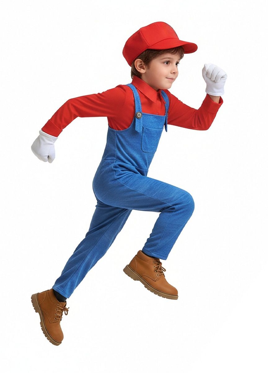 Kids Mario and Luigi Costume Super Mario Red Plumber Cosplay Outfit