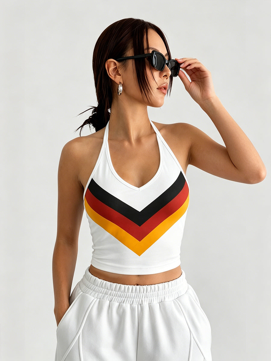 Women's Germany Flag Colors Halter Top Black Red Gold Chevron Crop Tank Top 