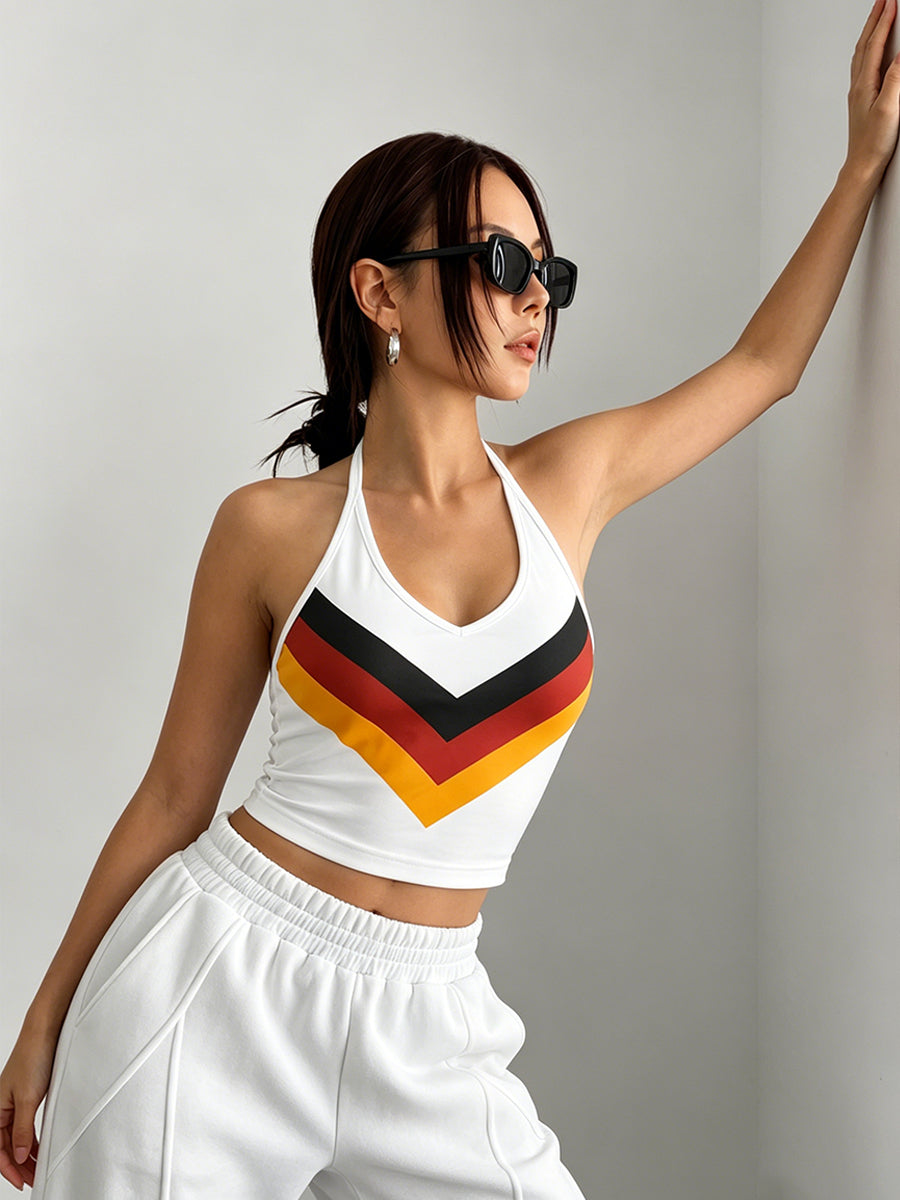 Women's Germany Flag Colors Halter Top Black Red Gold Chevron Crop Tank Top 