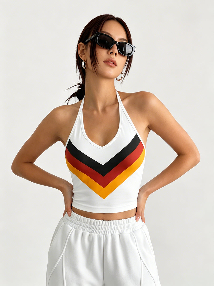 Women's Germany Flag Colors Halter Top Black Red Gold Chevron Crop Tank Top 