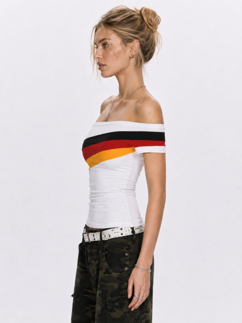Women's Off Shoulder Germany Colors Crop Top Asymmetric Stripe Short Sleeve Soccer Jersey 