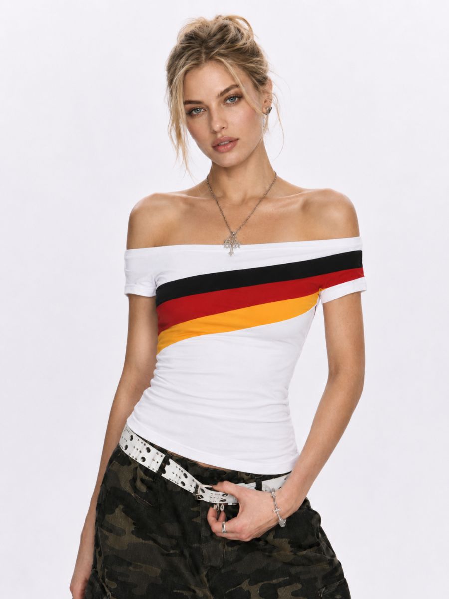 Women's Off Shoulder Germany Colors Crop Top Asymmetric Stripe Short Sleeve Soccer Jersey 