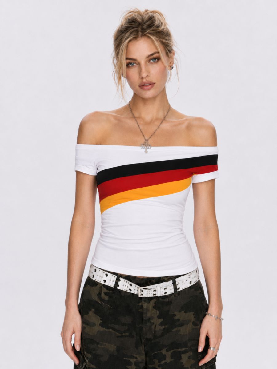 Women's Off Shoulder Germany Colors Crop Top Asymmetric Stripe Short Sleeve Soccer Jersey 
